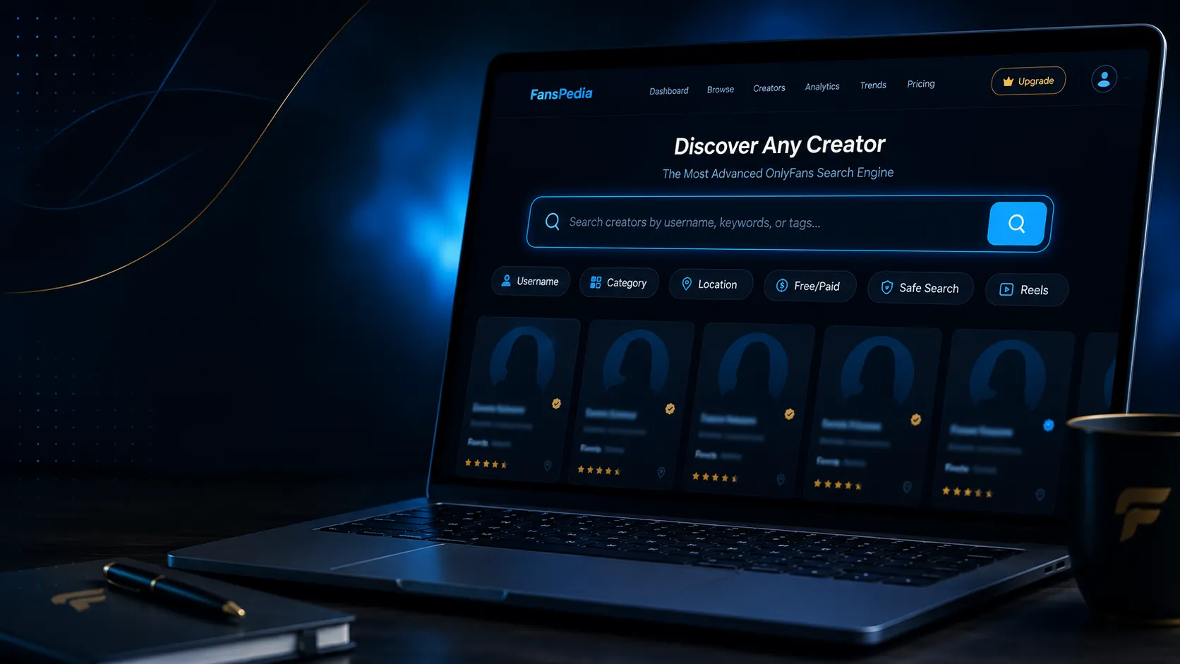 Dark-mode search dashboard showing filters for finding OnlyFans creators by username, category, location, and safe search